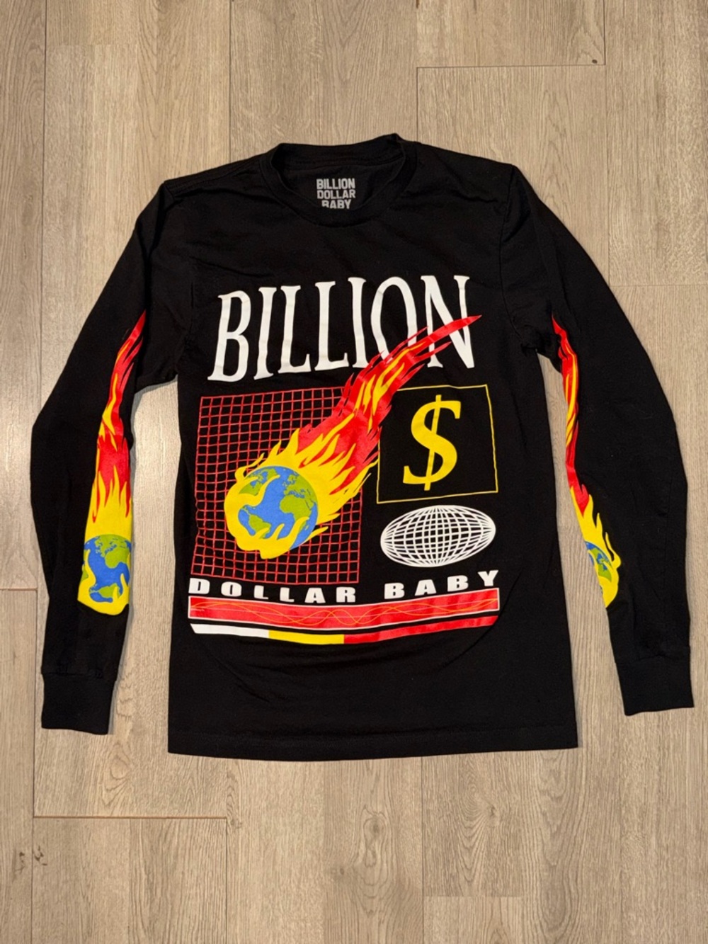 Men's Black Long Sleeve Graphic Tee - Flaming Globe